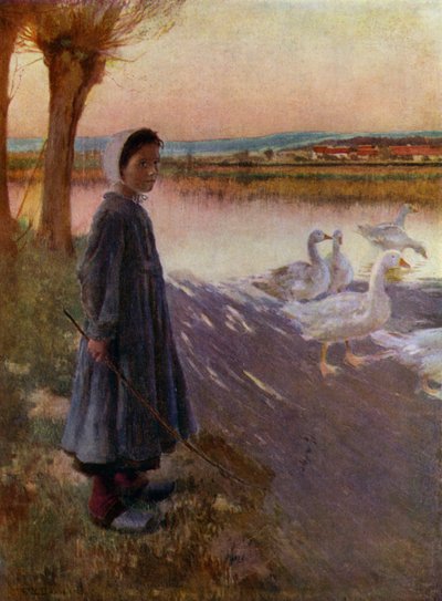 Ung pige passer en flok gæs (farve litho) af English School