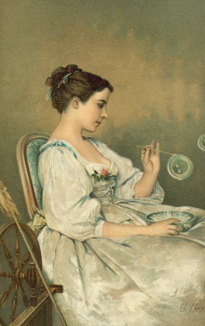 Ung kvinde, der blæser bobler (chromolitho) af English School