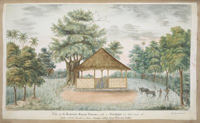 f.84 (95) Statuen af Kiay Poerwakali i et stråtækt skur uden for landsbyen Batu Tulis (W. Java). Indskrevet på forsiden med blæk: Udsigt over Kampong Batoe Toelies med en Pondoppo eller skur i nærheden, hvorunder der står et stenbillede kaldet Kiai Poerwa  af English School