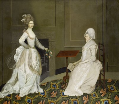 To damer i et interiør, den ene læser, den anden holder en blomsterkrans af English School, 18th Century