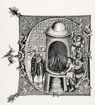 Historikert initial C fra Divinorum Officiorum af William Durand, illustration fra Videnskab og litteratur i middelalderen og renæssancen, skrevet og indgraveret af Paul Lacroix, 1878 ( af English School English School