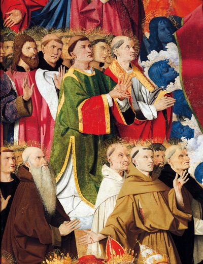 Religiøse ordener og præster, detalje fra Coronation of Virgin Altertavle af Enguerrand Quarton (ca. 1410-1466), tempera på panel af Enguerrand Quarton