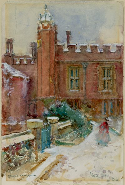 En figur i sneen ved Hampton Court Palace, 24. november 1904 (akvarel på papir) af Enoch Ward