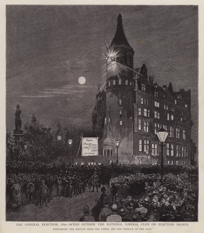Annoncering af resultaterne af 1892-generalforsamlingen fra Liberal Club, Westminster, London (litho) af Enoch Ward