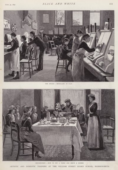Kunstnerisk og huslig træning på William Street Board School, Hammersmith, London (litho) af Enoch Ward