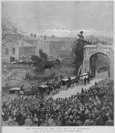 Begravelsesoptog med liget af den engelske baptistprædikant Charles Haddon Spurgeon, der ankommer til portene til Norwood Cemetery, London af Enoch Ward