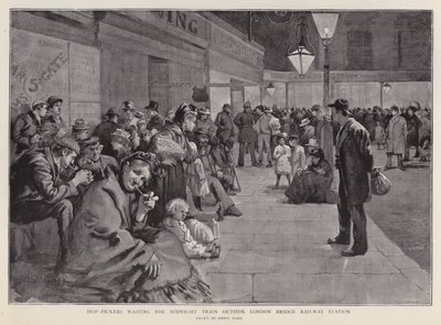 Humleplukkere venter uden for London Bridge Station på midnatstoget til Kent (litho) af Enoch Ward