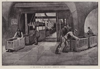 Fjernelse af tomme kullastbiler i bunden af en mineskakt (litho) af Enoch Ward