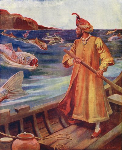 Sindbad ser de store fisk (farvelitografi) af Enoch Ward
