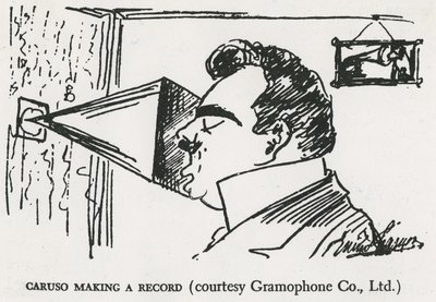 Caruso laver sin første grammofonoptagelse, 1902 (tegning) af Enrico Caruso