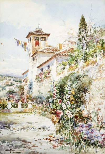 Et andalusisk hus og have om sommeren (blyant og w/c) af Enrique Marin Higuero