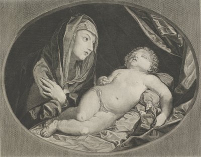Jomfruen med armene over kors over brystet og ser på det sovende spædbarn Kristus, i..., 1770-1834. af Ephraim Gottlieb Krüger