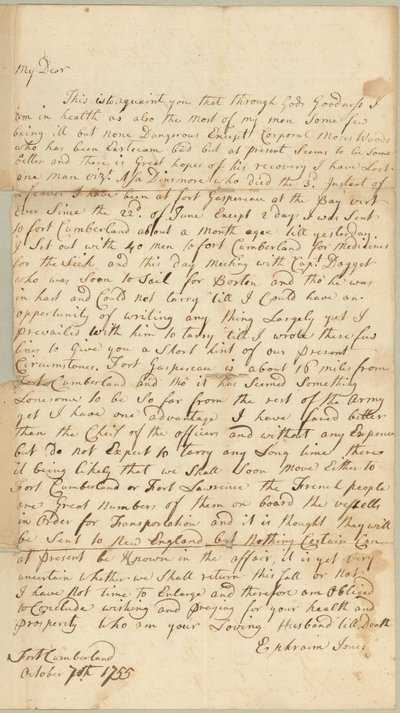 Brev til Allice Jones, Concord, Massachusetts, 7. oktober 1755 (pen og blæk på papir) af Ephraim Jones
