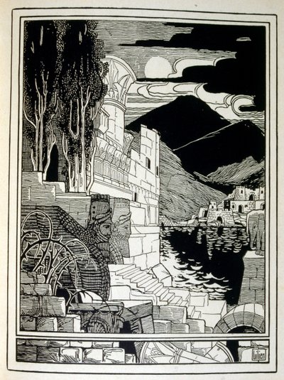 Ruinerne af Sodoma, fra bogen Juda illustreret af Ephraim Moses Lilien (1874-1925). Lilian betragtes som faderen til den zionistiske ikonografi, skabt i Jugendstil (tysk art nouveau) stil. Han illustrerede 