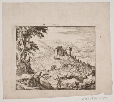 Bjergrigt landskab med en borg og en vandringsmand af Erasmus Sigismund Resch