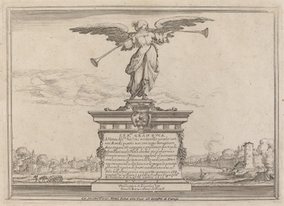 Dedikationsside med Statue of Fama af Ercole Bazicaluva