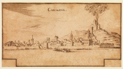 Udsigt over Cartagena, Spanien, ca. 1642 (pen og brunt blæk på lagt papir, med brune blæk-indramningslinjer trinvist i bunden) af Ercole Frigoni Bazzicaluva