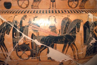 Detalje af Zeus og Hera i en vogn med Kaliope fra Francois Vase, c6. århundrede f.Kr. af Ergotimos