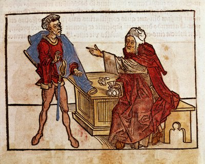 Transaktion mellem en jøde og en lånehaj Side hentet fra rejsebogen "" Peregrinatio in Terram Sanctam"" efter pilgrimsfærden i Bernard de Breydenbachs hellige land (Breidenbach) (1454-1497) illustreret med graveringer af Erhard Reuwich af Erhard Reuwich