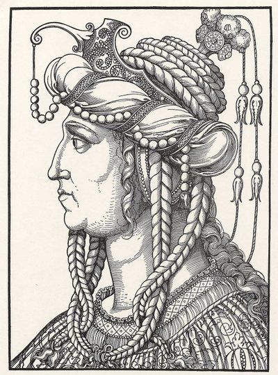""Portræt af Sultan Suleiman den storslåede sultan Suleimans (Russelazie (den Ruthenian)) eller Hurrem (nee Anastasia Lisovska, ca. 1500-1558) hustru af Sultan Suleiman den storslåede"" Træsnit af Erhard Schoen (1491-1592) ca. 1532 Go Herzogliches Museum af Erhard Schon