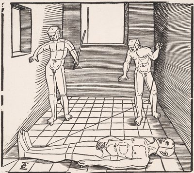 Tre mandsfigurer i et rum Fra: Unnderweissung der Proportzion af Erhard Schon