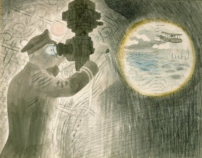 En ubådsofficer kigger gennem periskopet. Akvarel og blyant på papir af Eric Ravilious