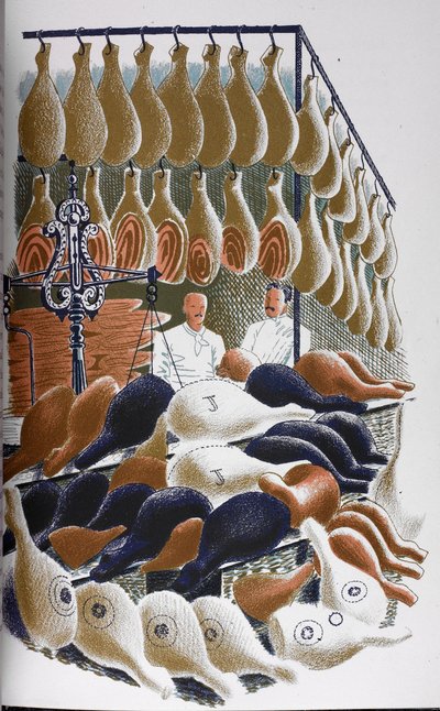 Udsigt inde i en slagterbutik. af Eric Ravilious