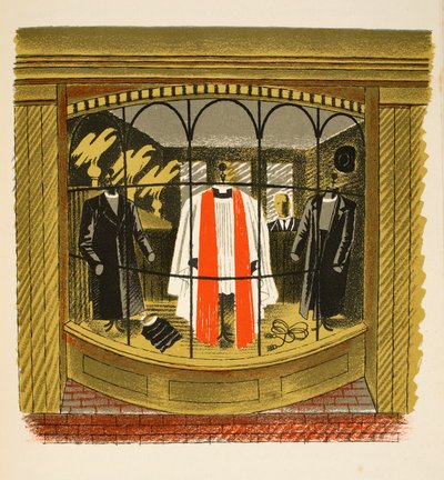 Clerical Outfitter, illustration fra "High Street" af J.M. Richards, trykt af Curwen Press, udgivet af Country Life, 1938 af Eric Ravilious