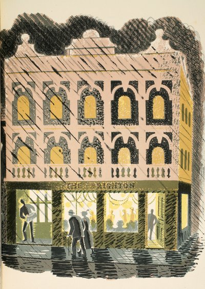 Public House, illustration fra "High Street" af J.M. Richards, trykt af Curwen Press, udgivet af Country Life, 1938 af Eric Ravilious