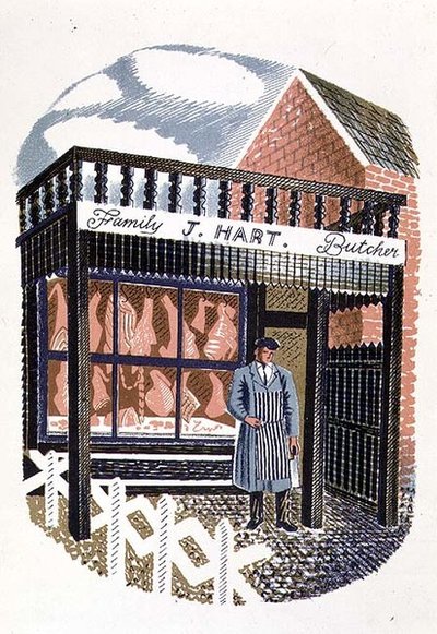 The Butchers Shop, trykt af Curwen Press, fra High Street, af J.M. Richards, udgivet af Country Life, 1938 (sæt på 24) af Eric Ravilious