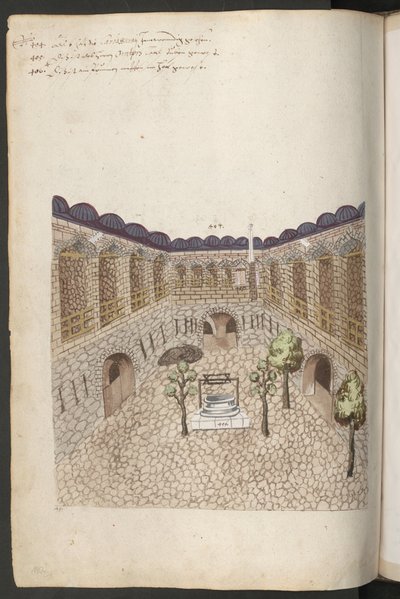 Bygninger i Konstantinopel: indre gård i et stort karavanserai med træer, en brønd og sideindgange til staldene af Erich Lessing