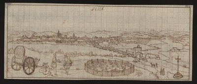 Helside: udsigt over byen: Ecija (pennetegning) af Erich Lessing