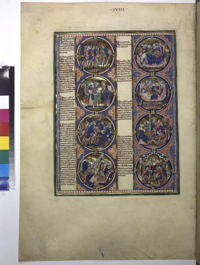 Vollseite: Acht Medaillons mit Miniaturen und begleitendem Text, um 1225-1250 von Erich Lessing