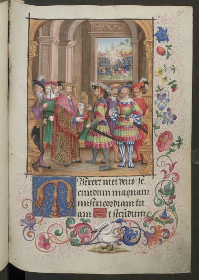 Helside: tekst med miniature, zoomorf initial og marginal dekoration (miniature) af Erich Lessing