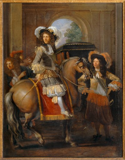 Adelsmand til hest med sit følge foran en gigantisk port - Gentilhomme à cheval et carrosse devant une porte monumentale ... af Erich Lessing