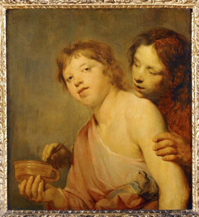 Unge mennesker tænder en pibe i et fyrfad. Allegori ... af Erich Lessing