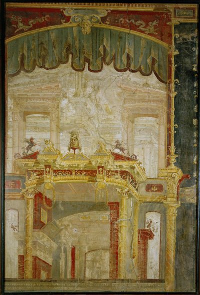 Scenografisk vægdekoration med fantastisk arkitektur og rullegardin, en romersk opfindelse af Erich Lessing