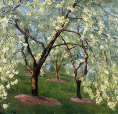 Blomstrende kirsebær i haven i Lysaker (maleri) af Erik Theodor Werenskiold