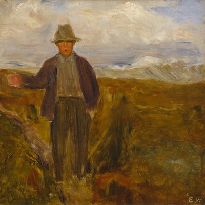 Mand med bjerget Smiubelgen og Rondane i ryggen af Erik Theodor Werenskiold