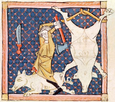 Fol.59v December: Killing Pigs (vellum) af Ermengaut Matfre