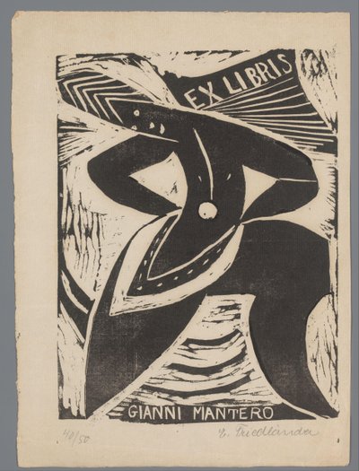 Ex libris af Gianni Mantero af Erna Levy Friedländer (signed by artist)