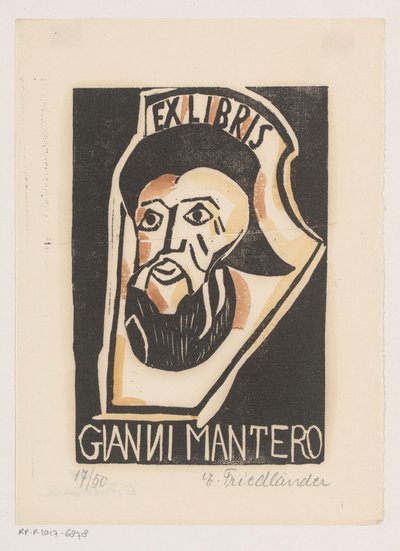 Ex libris af Gianni Mantero af Erna Levy Friedländer (signed by artist)