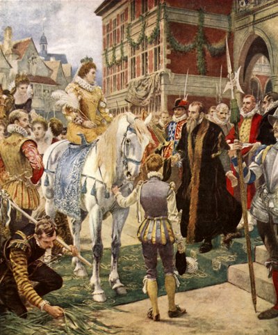 Dronning Elizabeth åbner Royal Exchange (farve litho) af Ernest (after) Crofts