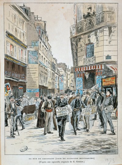 Frankrig, Paris, avisforhandler i rue du Croissant på hjørnet af rue du Faubourg Montmartre i Paris af Ernest Grenier, tryk fra akvarel af Ernest (after) Grenier