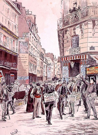 nyhedsleverandører i gaderne i Paris i 1893, gravering af Ernest (after) Grenier