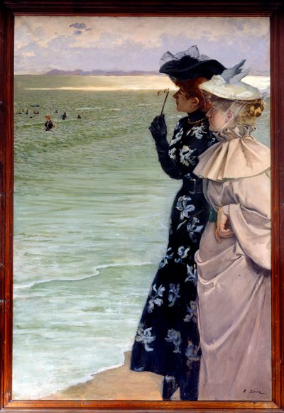 Smuk periode: “” Badetid ved havet””” To kvinder på kysten undersøgte de badende i kikkert. Maleri af Ernest Ange Duez (1843-1896) 1896 søn. 1,06x1,6 m Rouen, musee des Beaux Arts - Belle epoque: "" Badetid ved havet"" To kvinder på b af Ernest Ange Duez