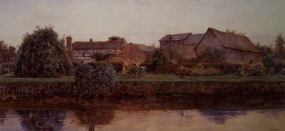 Et hus og gårdbygninger ved en flod af Ernest Arthur Rowe