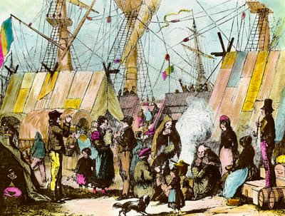 Familier af emigranter slog lejr ved havnen i Le Havre. Gravering af Ernest Charton (1813-1905) Gravering af det 19. århundredes privatsamling af Ernest Charton