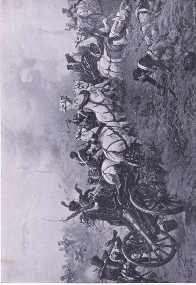 Tilfangetagelse af det franske batteri af det 52. Oxfordshire Light Infantry Regiment ved Waterloo 18. juni 1815, illustration fra britiske slag på land og hav, 1915 af Ernest Crofts