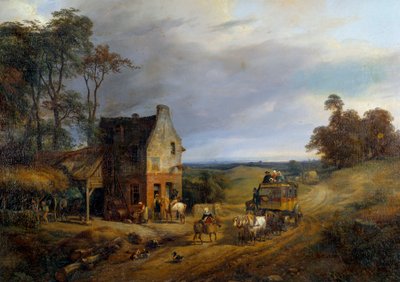 Anholdt foran en kro. Maleri af Ernest Delahaye (1855-1921) 1800-tallet. Compiegne, National Castle Museum. af Ernest Delahaye